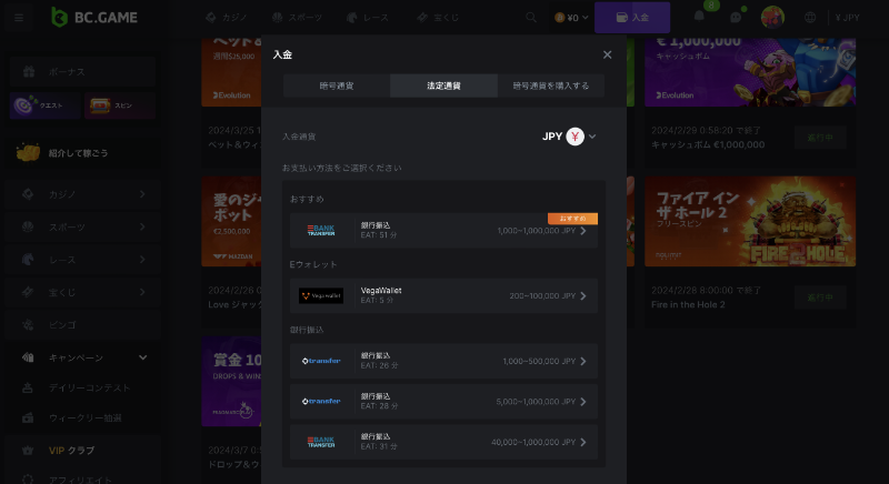 BC.GAME法定通貨入金画面