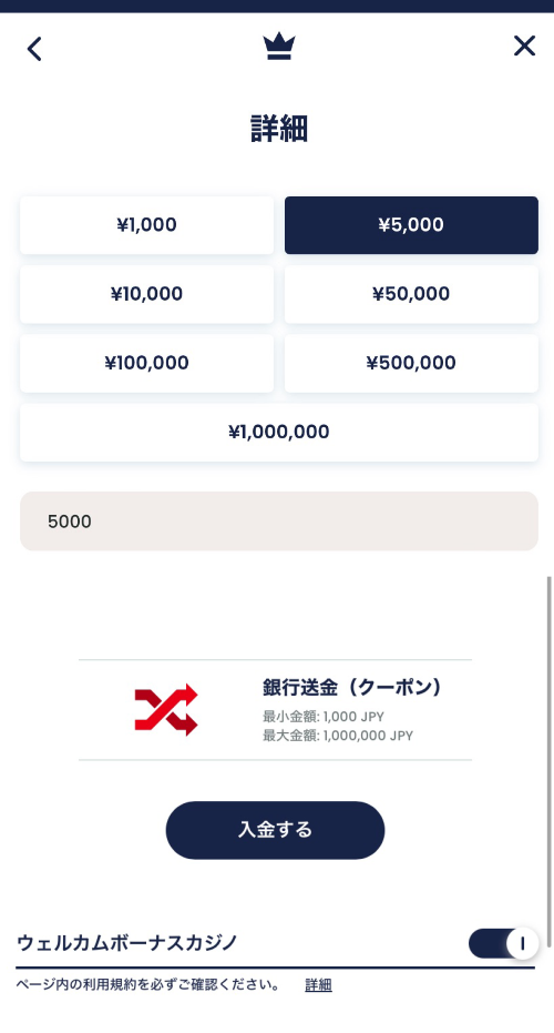 リリベット・銀行入金画面